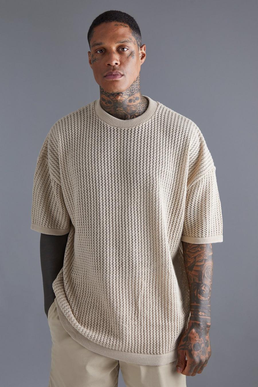 Stone beis Oversized Drop Shoulder Open Stitch T-shirt image number 1