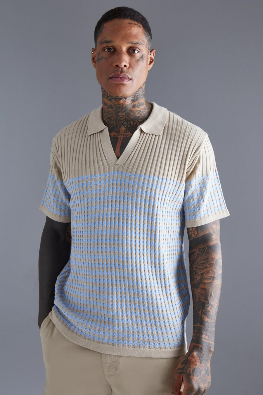 Stone V Neck Striped Knitted Polo image number 1