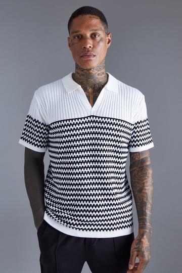 V Neck Striped Knitted Polo white