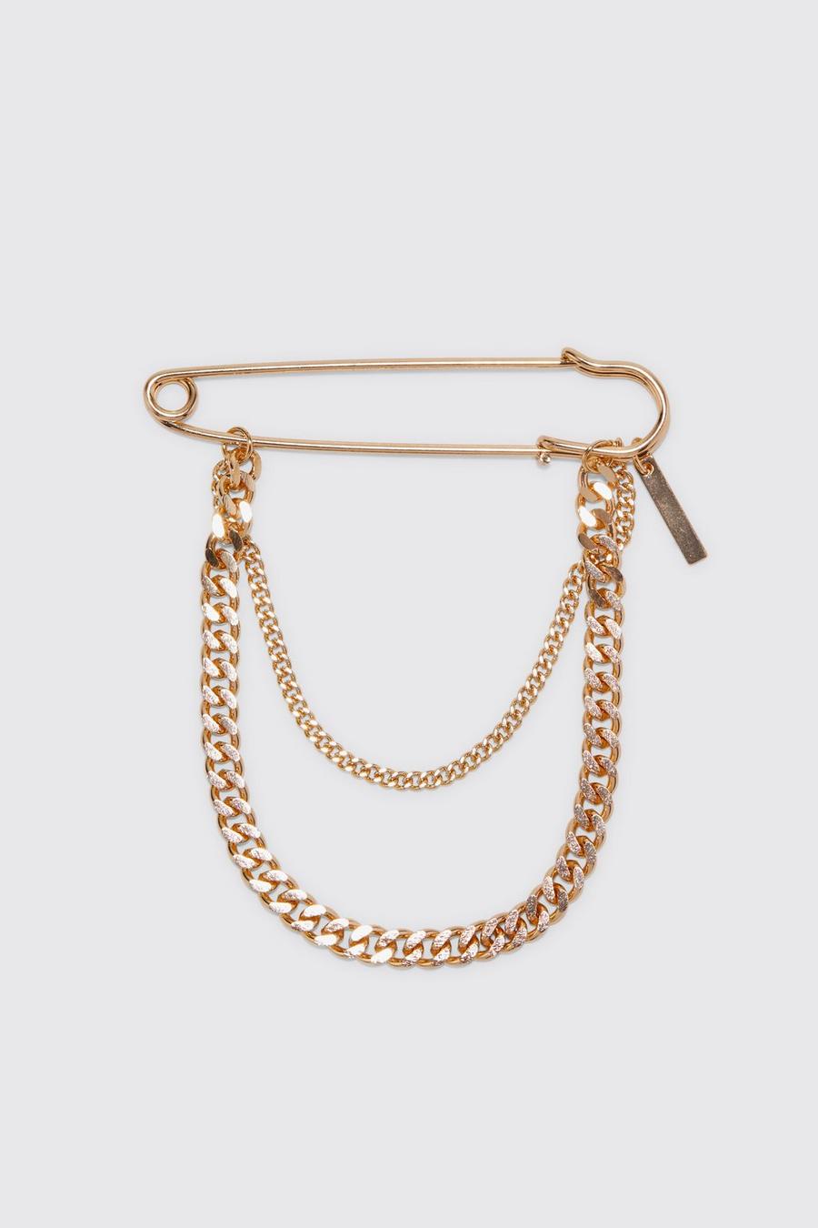 Gold Safety Pin Chain Suit Brooch image number 1