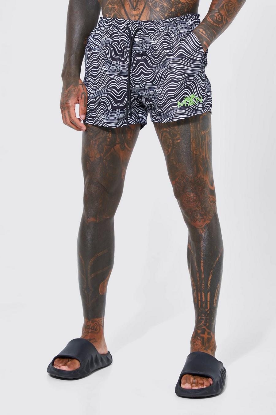 Black Short Length Wavey Embroidered Swim Shorts