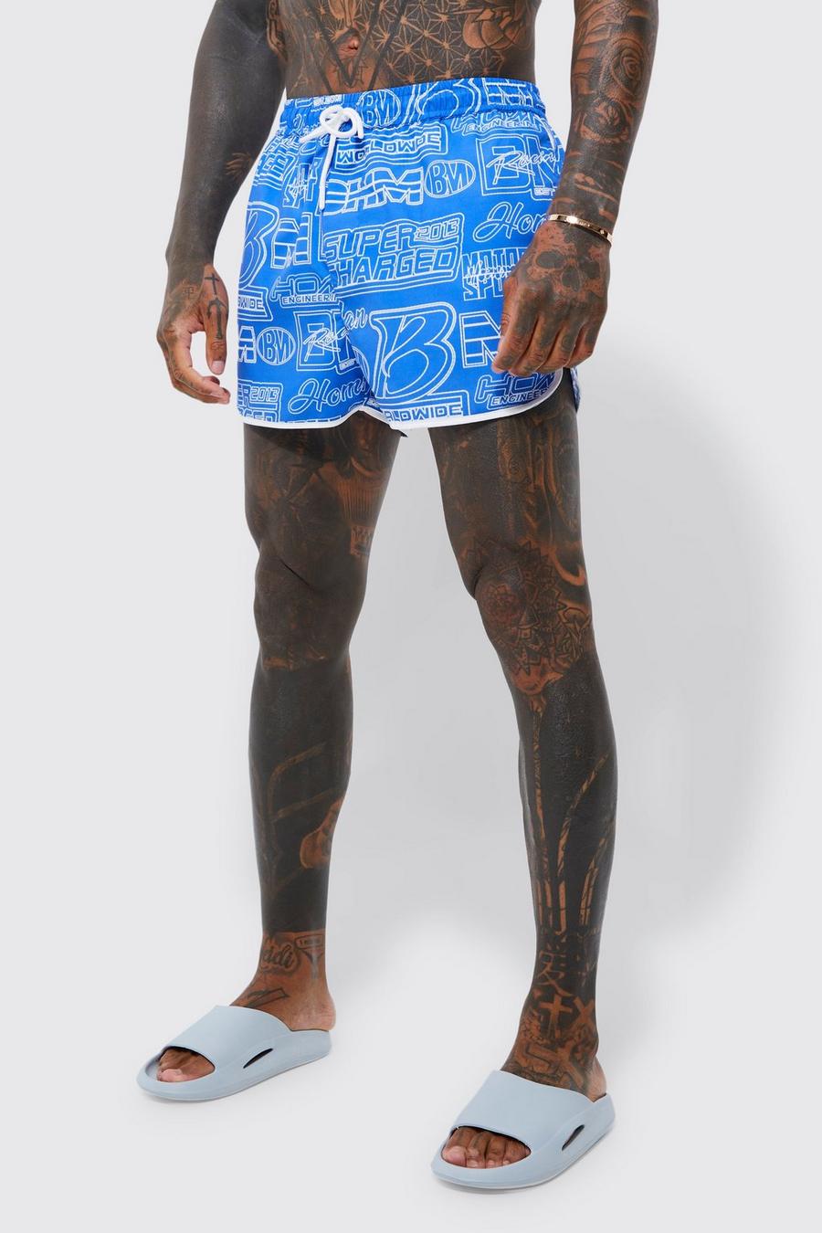 Blue Runner Man Printed Swim Shorts image number 1
