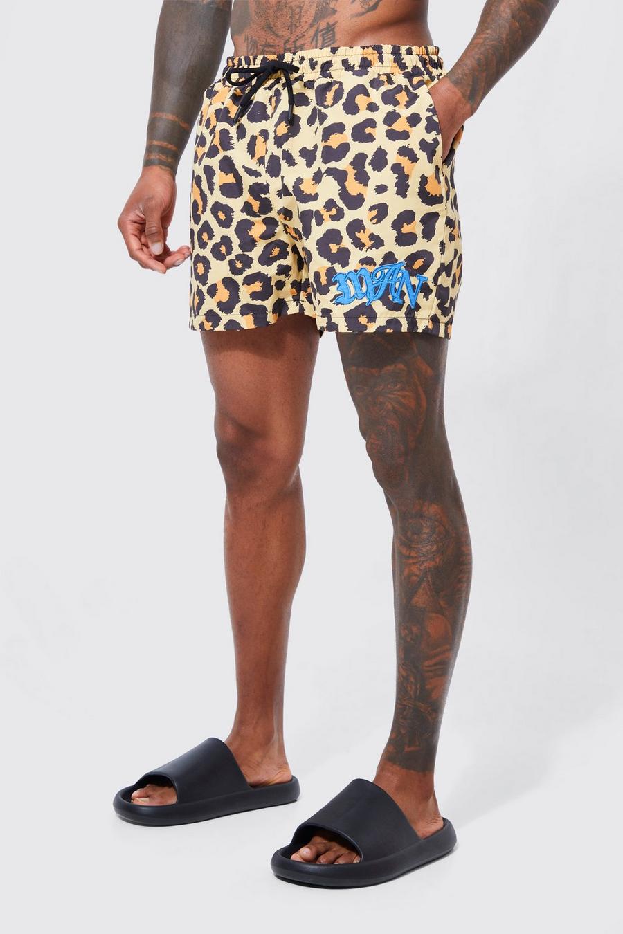 Multi Short Length Leopard Applique Swim Shorts