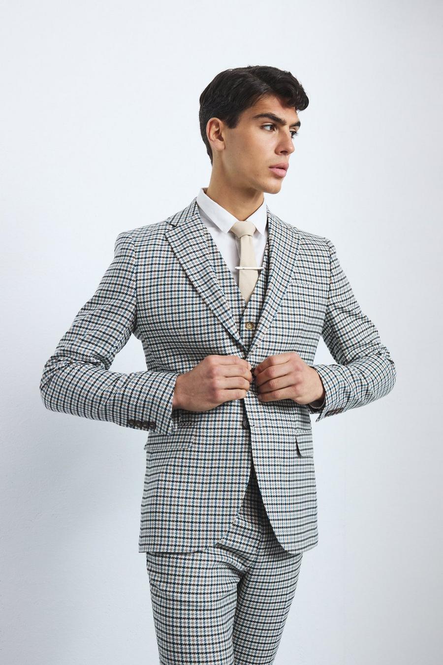Beige Skinny Single Breasted Checked Blazer image number 1