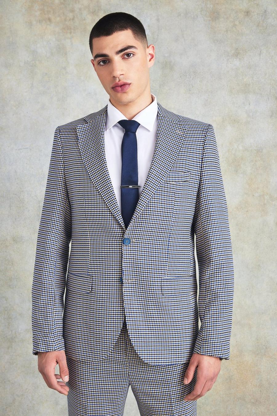 Blue azzurro Slim Single Breasted Check Suit Jacket