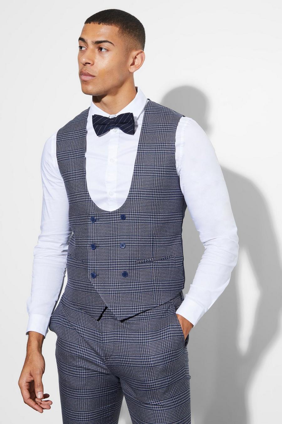 Navy Skinny Double Breasted Check Waistcoat image number 1