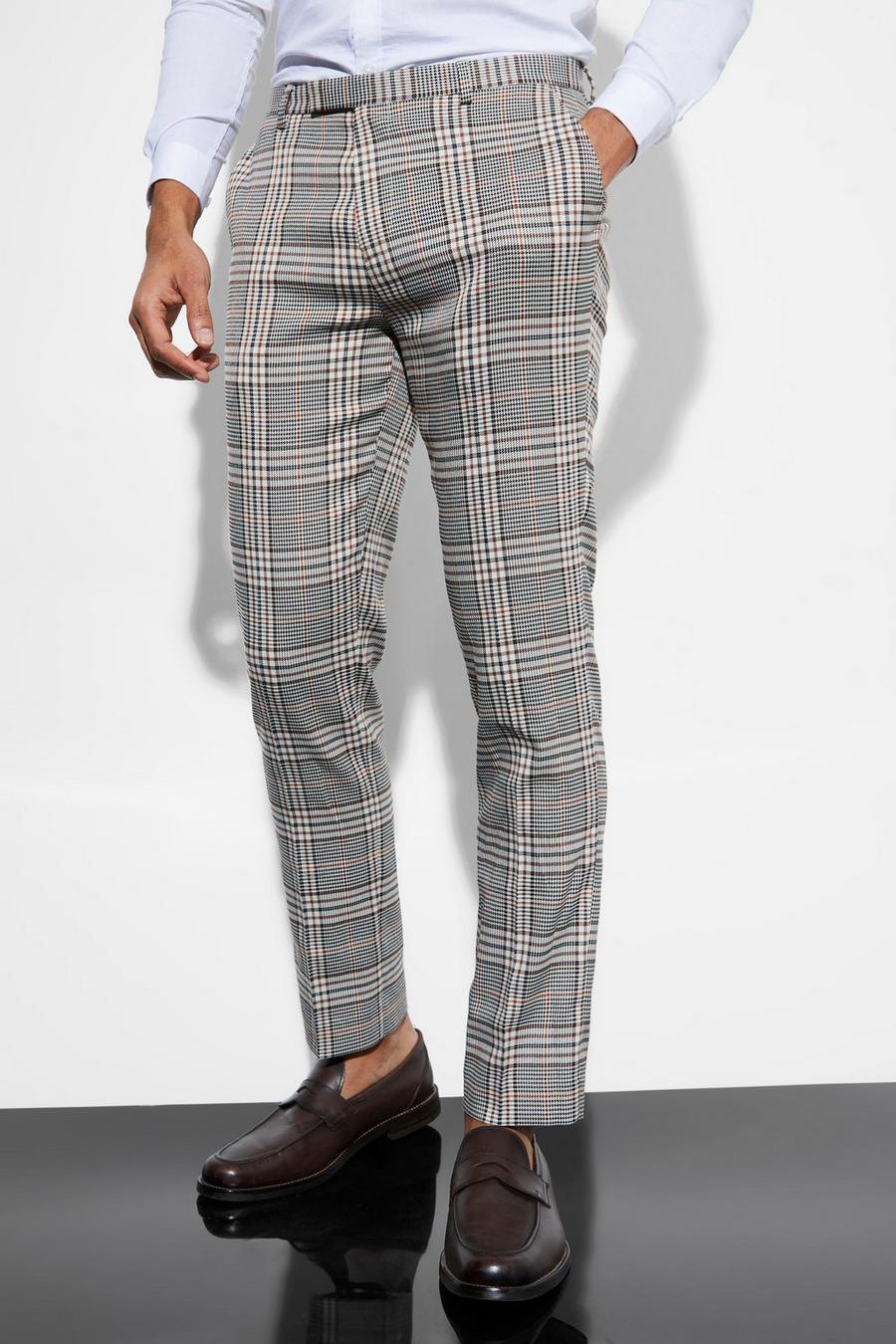 Brown Slim Cropped Check Suit Trousers