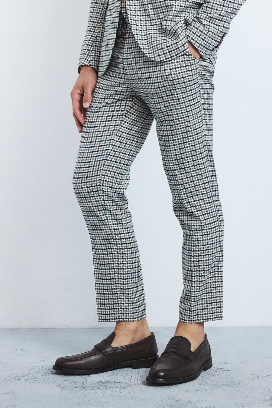 Pantalón de traje pitillo pesquero con estampado de cuadros, Beige