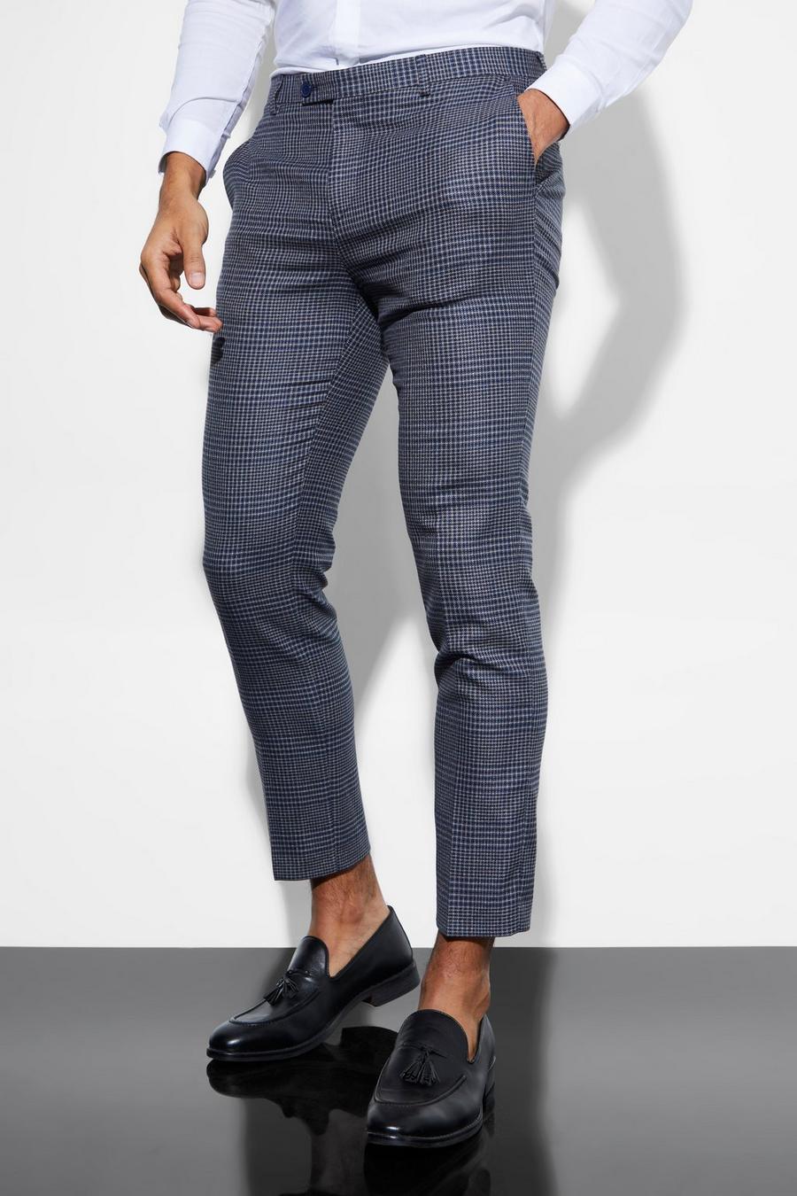 Navy Skinny Fit Cropped Check Suit Trousers image number 1