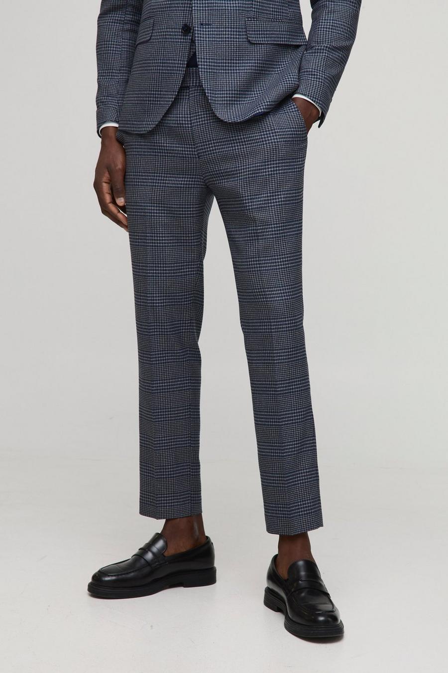 Navy Skinny Fit Cropped Check Suit Trousers