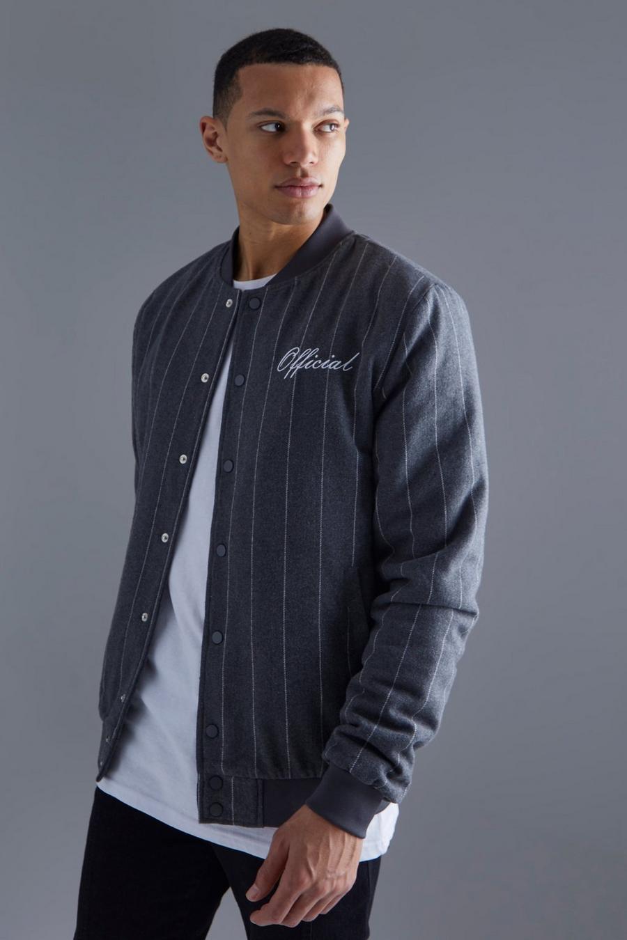 Grey Tall Official Pinstripe Melton Bomber Jacket image number 1