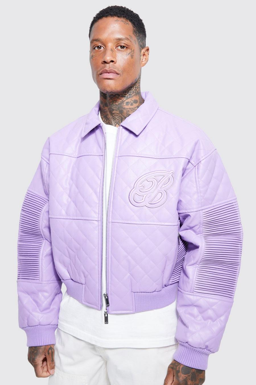 Lilac purple Boxy Fit Pu Quilted Collared Bomber image number 1