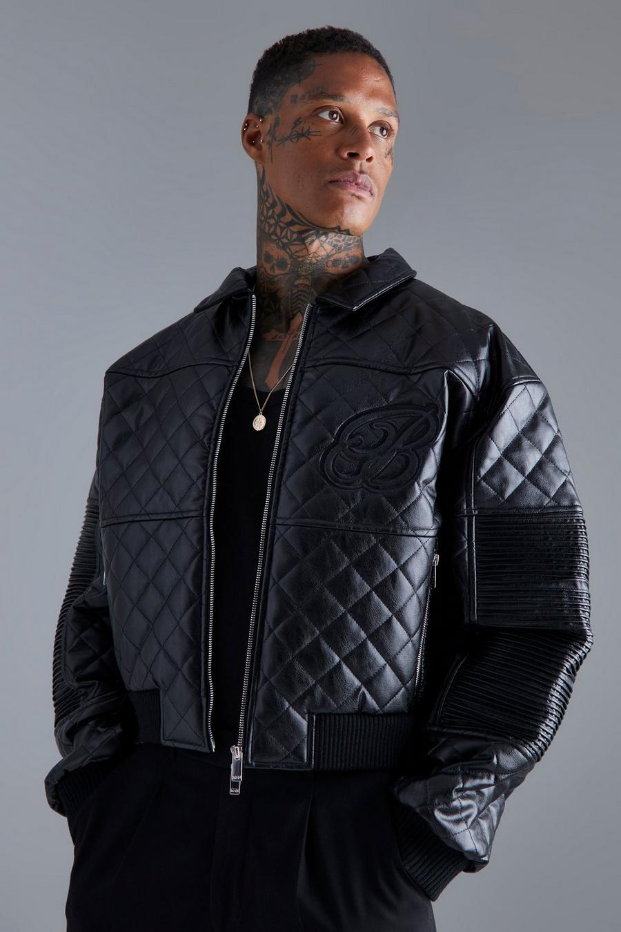 Black Boxy Fit Pu Quilted Collared Bomber image number 1