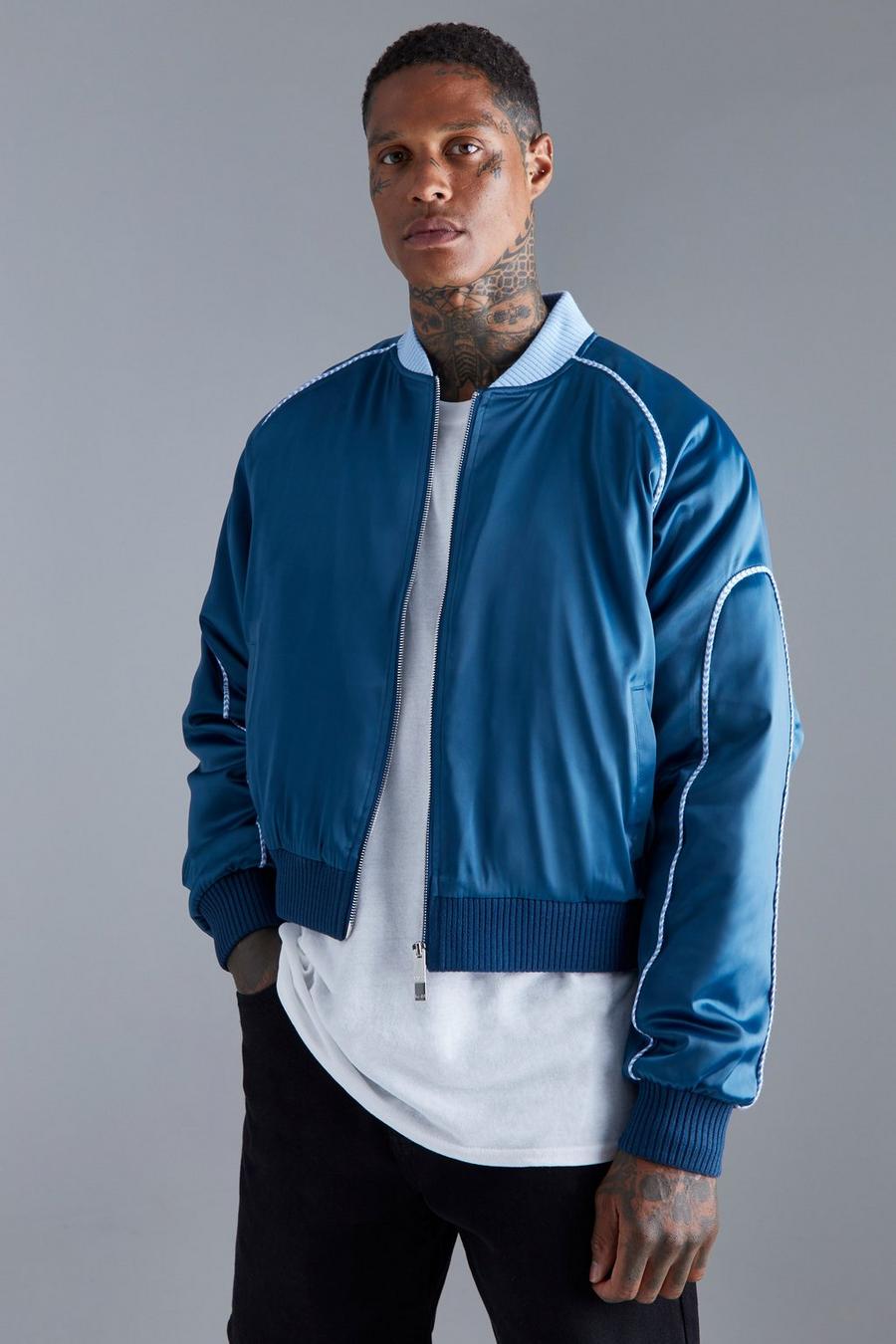 Blue Boxy Satin Bomber With Piping image number 1