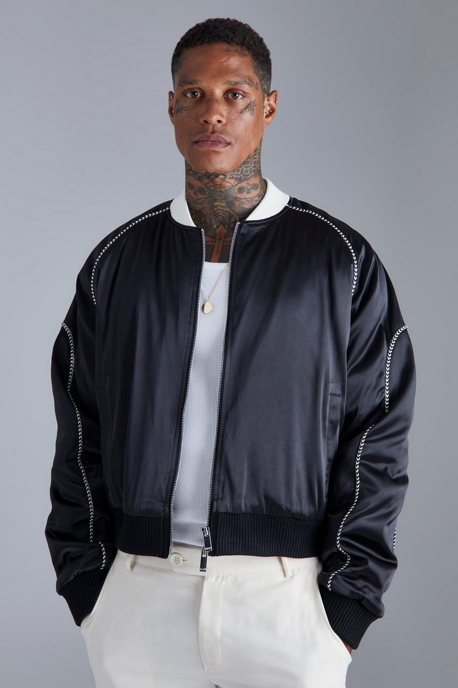 Black Boxy Satin Bomber With Piping image number 1