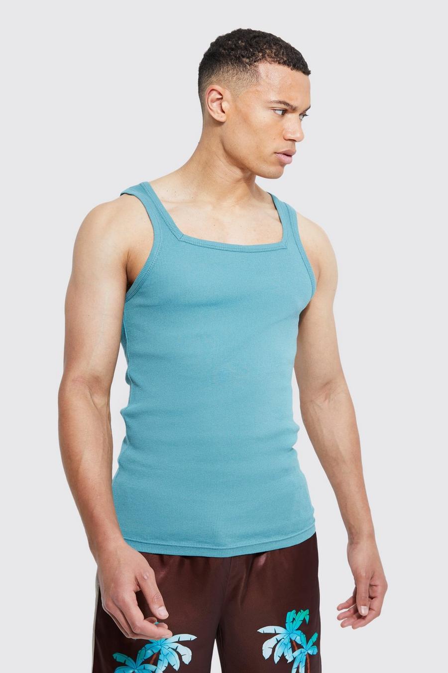 Tall Muscle Fit Square Neck Ribbed Vest , Dusty blue azzurro