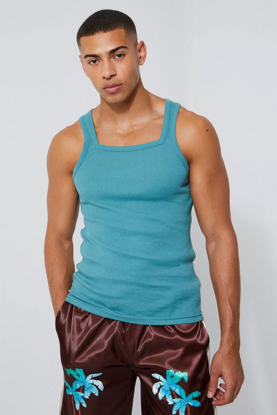 Muscle Fit Square Neck Ribbed Vest , Dusty blue image number 1