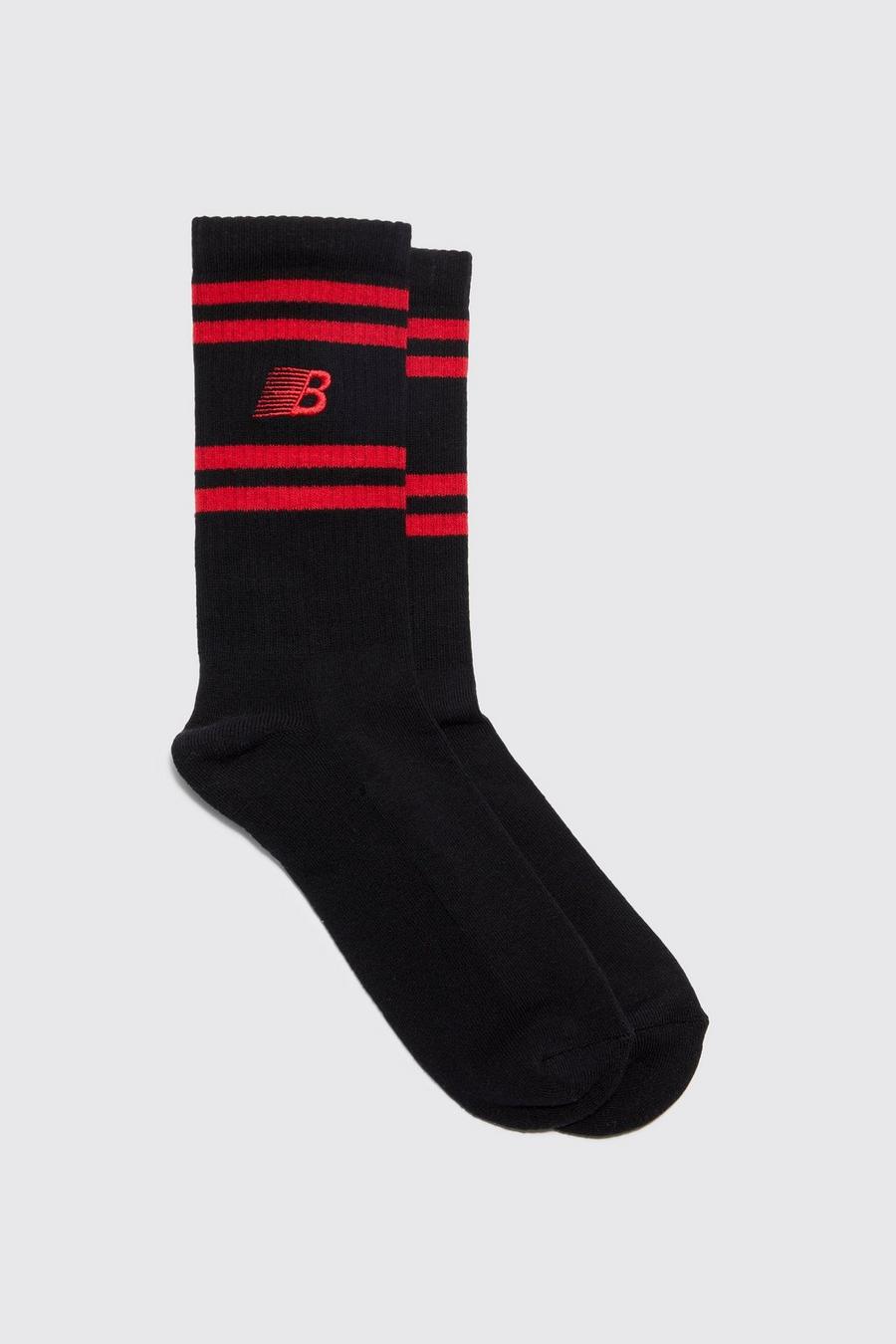 Gestreifte Socken mit B-Stickerei, Black image number 1