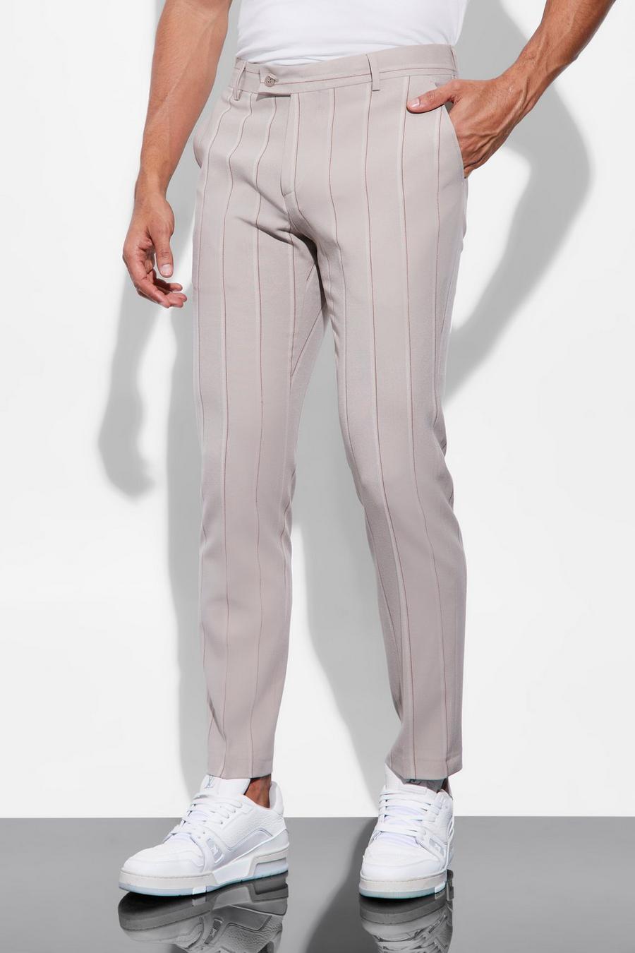 Beige Slim Pinstripe Tailored Trouser