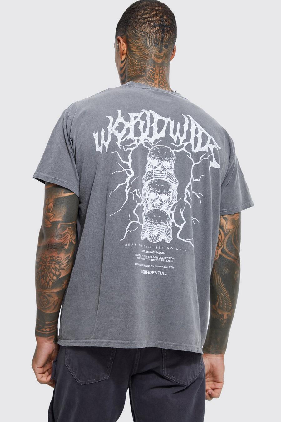 Charcoal grey Acid Wash Worldwide Skulls Boxy T-shirt