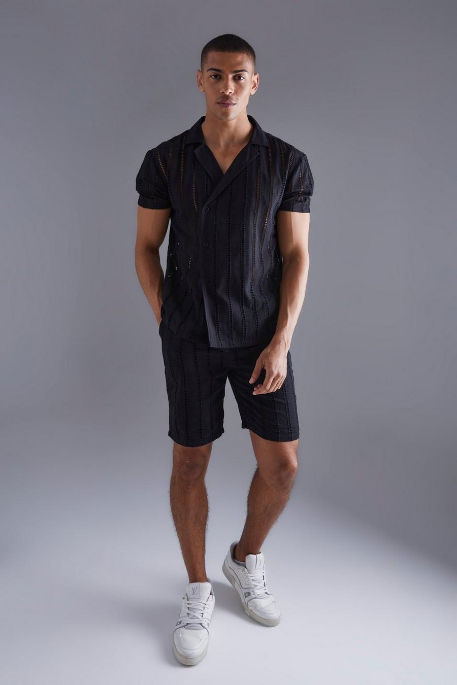 Black Short Sleeve Wrap Embroidered Shirt And Short Set image number 1