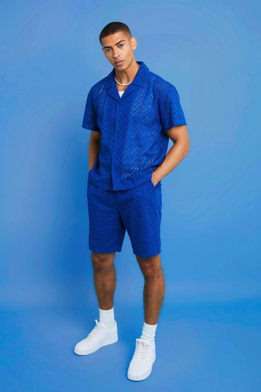 Short Sleeve Boxy Zig Zag Embroidered Shirt And Short Set, Blue azzurro
