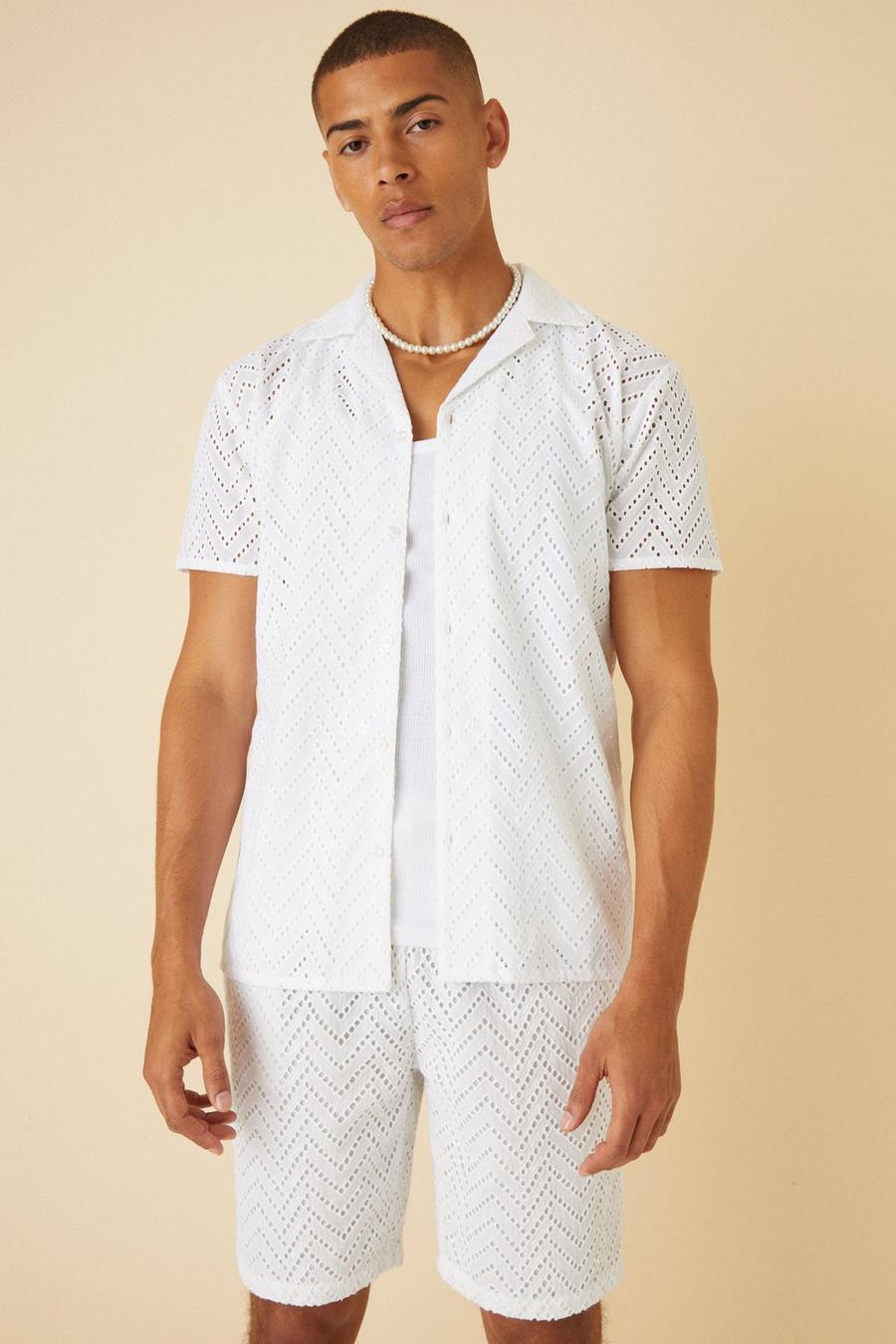 White Short Sleeve Boxy Zig Zag Embroidered Shirt And Short Set image number 1