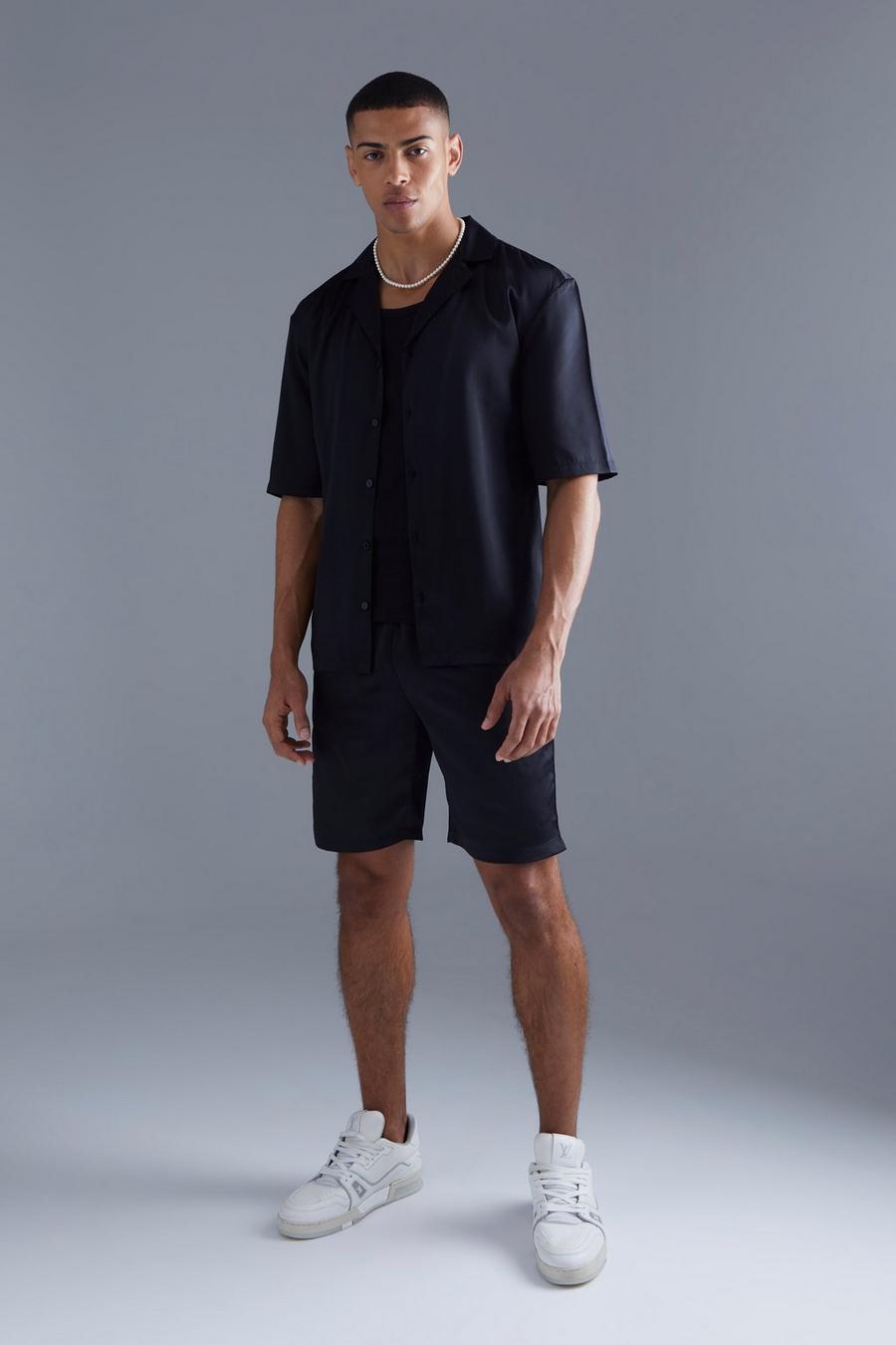 Black Short Sleeve Drop Revere Satin Shirt And Short Set