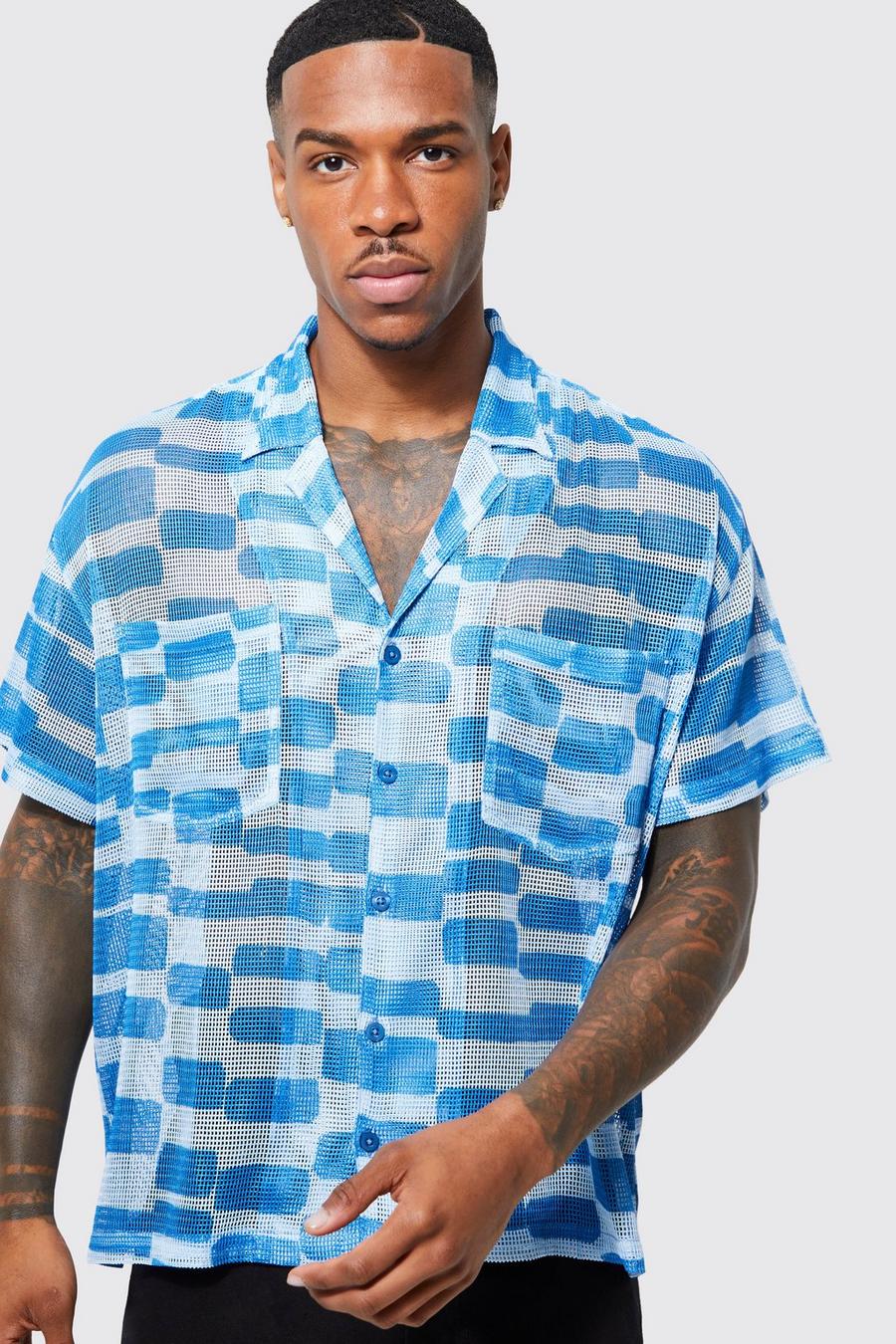 Blue Short Sleeve Boxy Printed Mesh Shirt