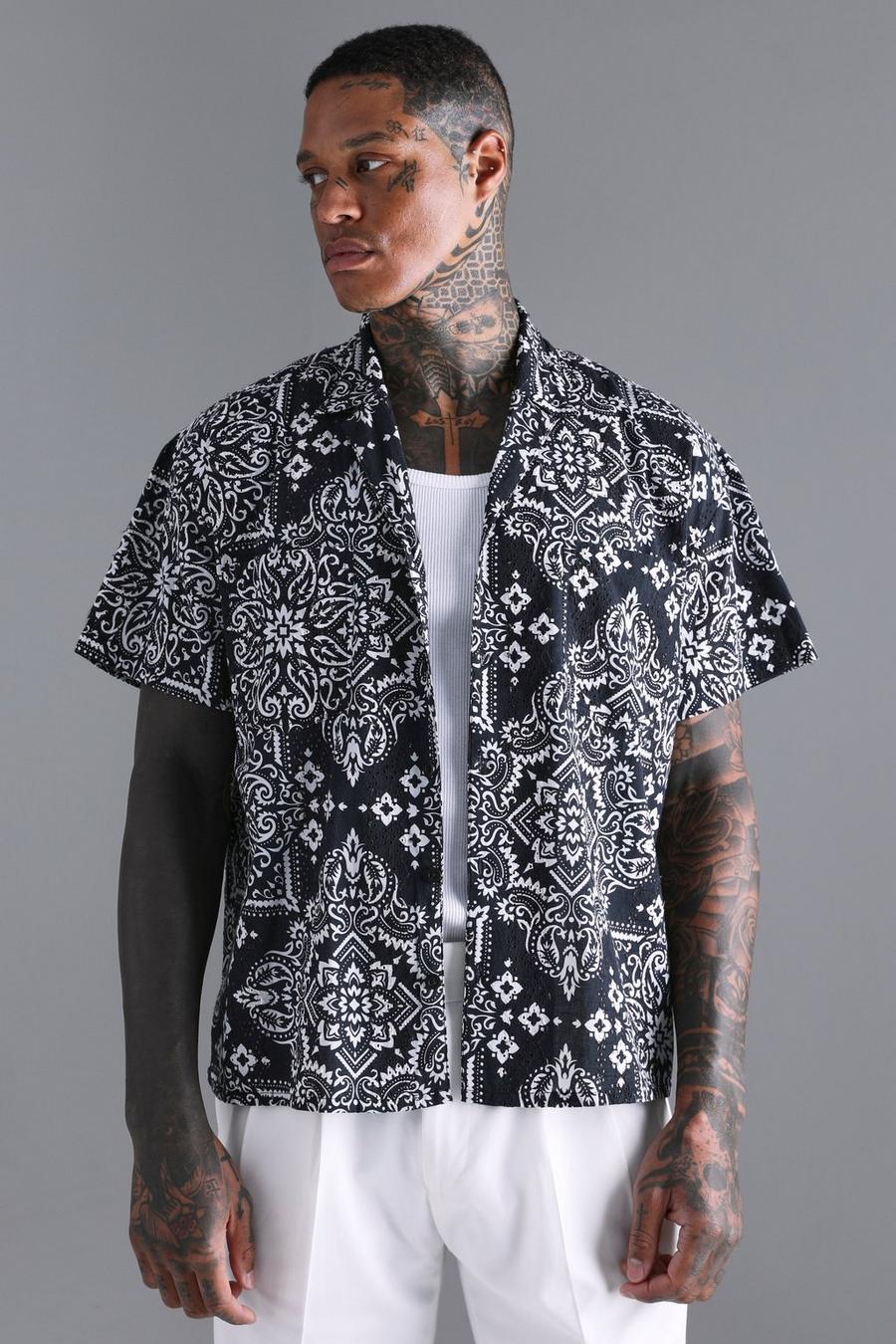Black Short Sleeve Boxy Printed Embroidered Shirt image number 1