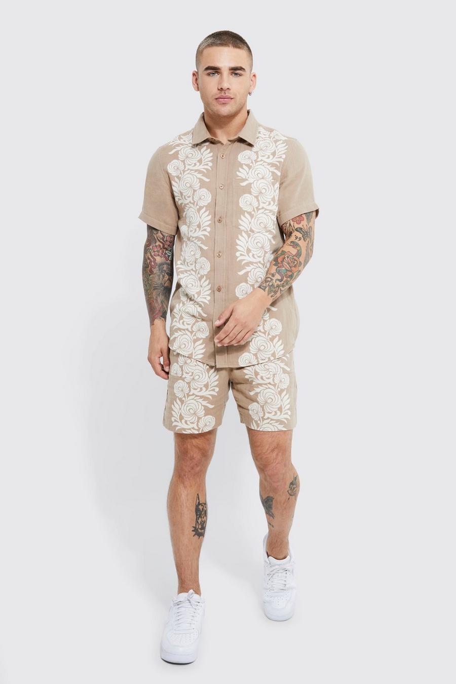 Kurzärmliges Baumwoll-Hemd und Shorts mit Print, Stone beige