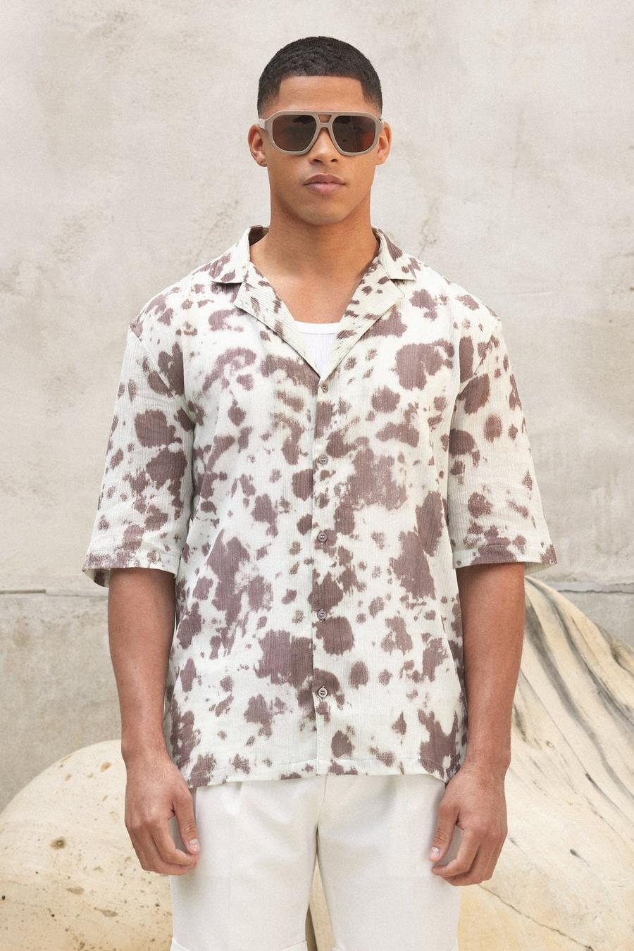 Kurzärmliges Batik-Hemd aus Baumwolle, Stone beige