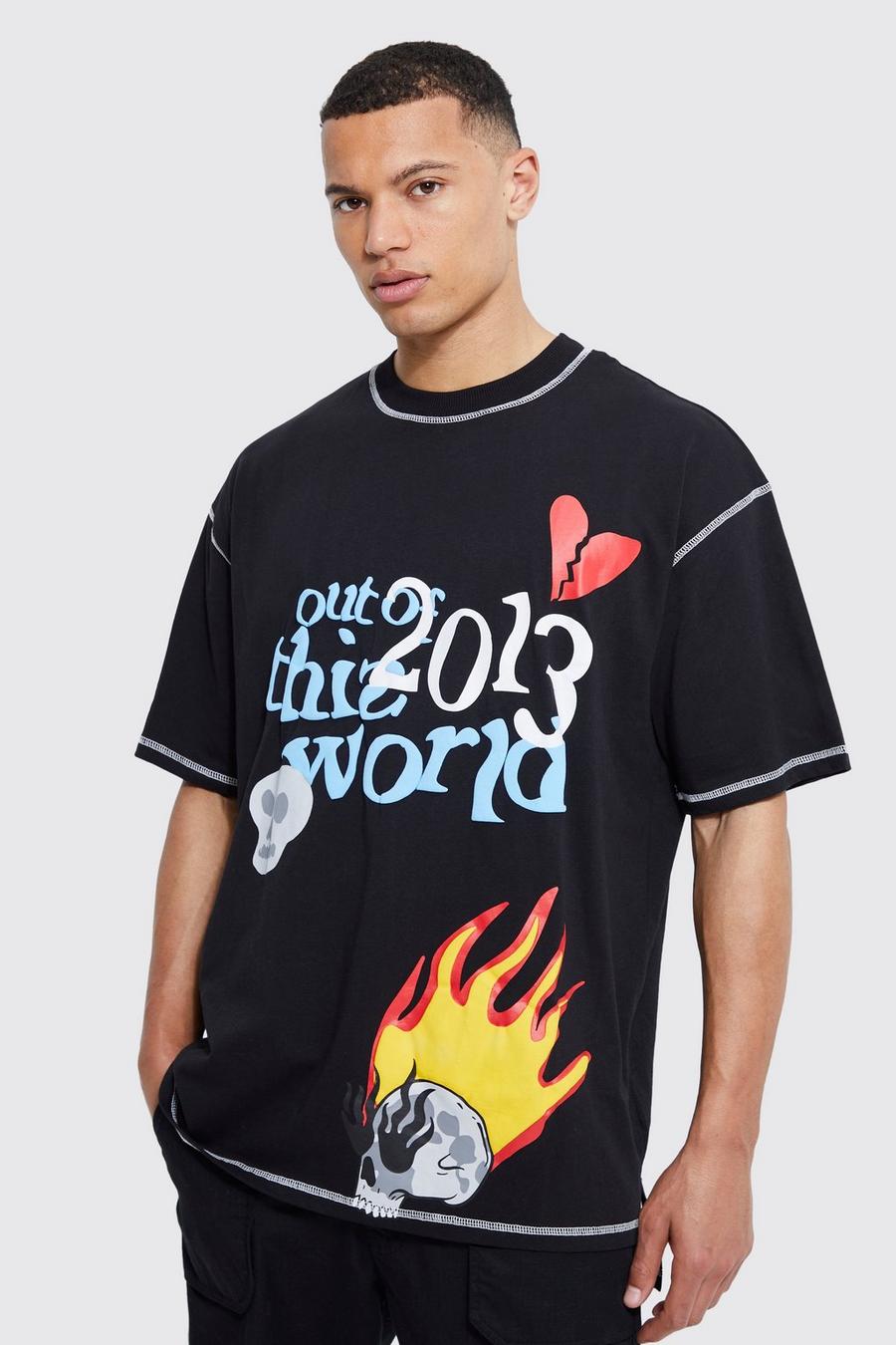 Black Tall Oversized Contrast Stitch Graphic T-shirt