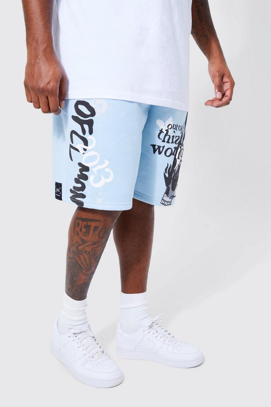 Plus Oversize Shorts mit Kontrast-Naht und Print, Light blue image number 1