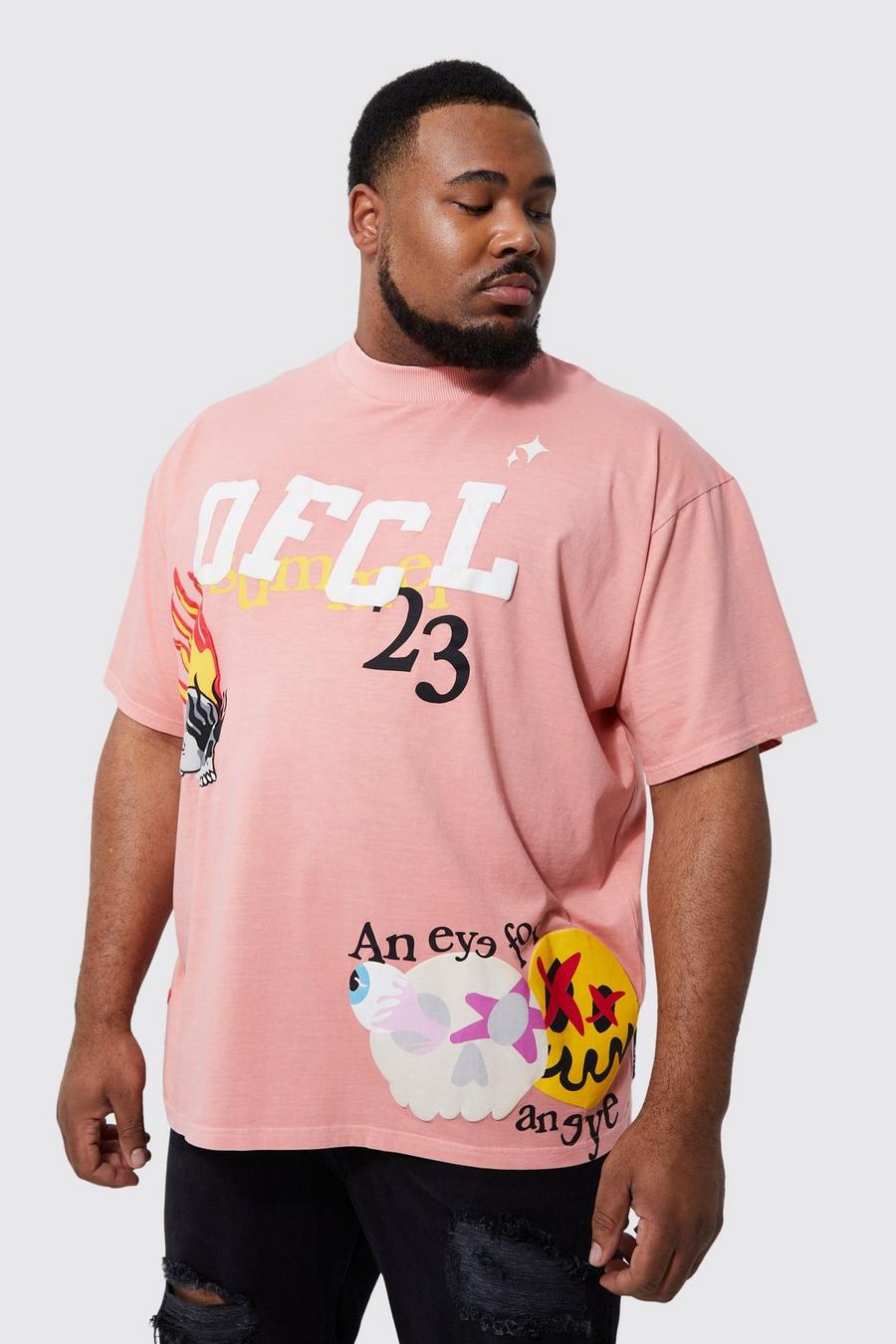 Light pink Plus Oversized Ofcl T-Shirt Met Print En Vlammen