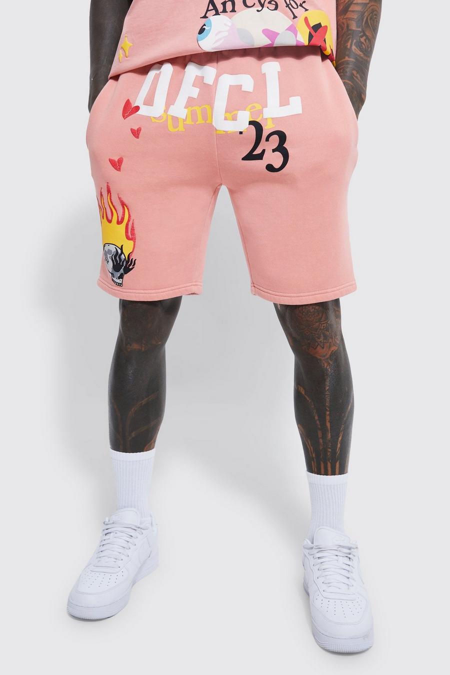 Light pink Loose Fit Ofcl Flame Graphic Shorts
