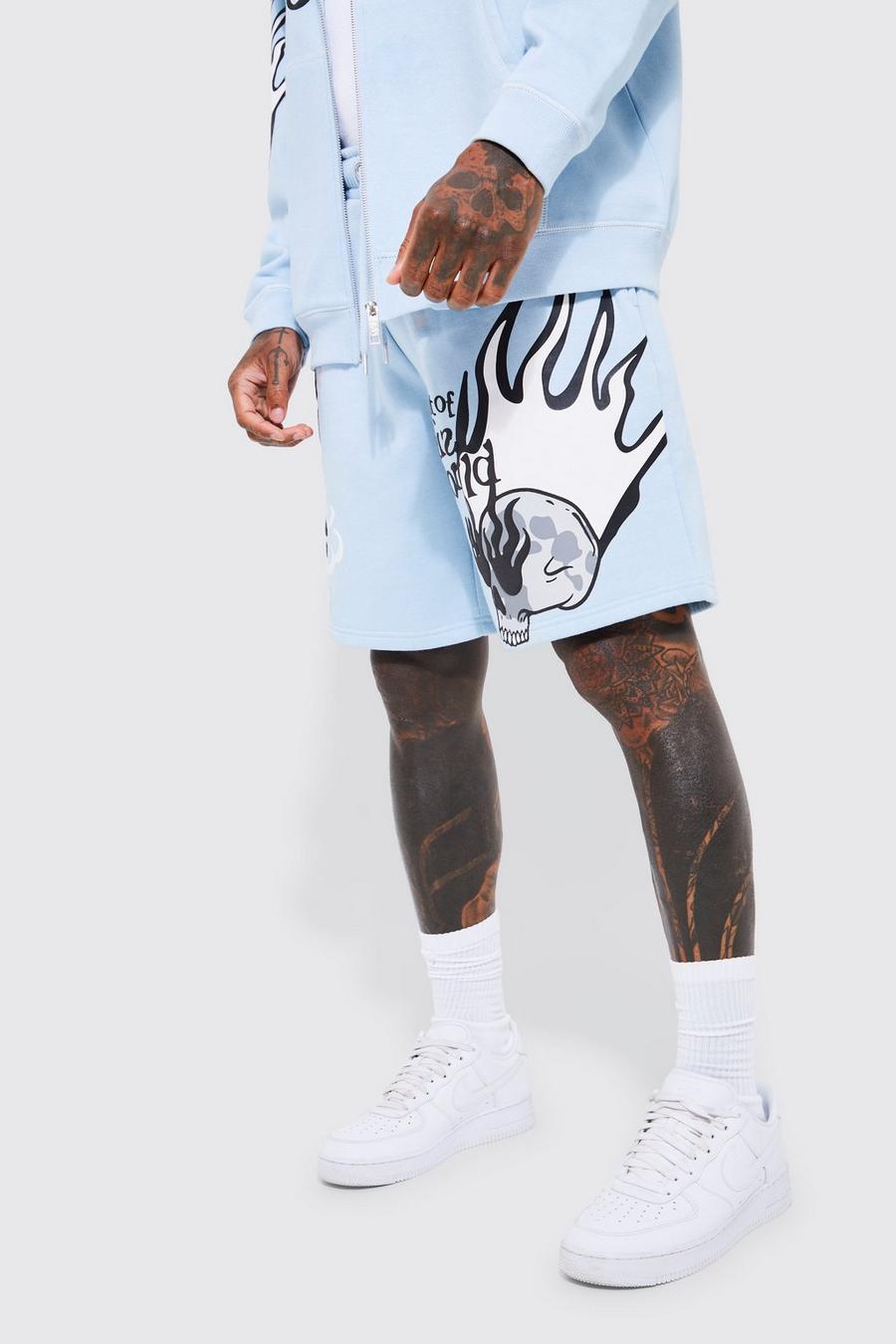 Light blue Oversized Contrast Stitch Graphic Shorts image number 1