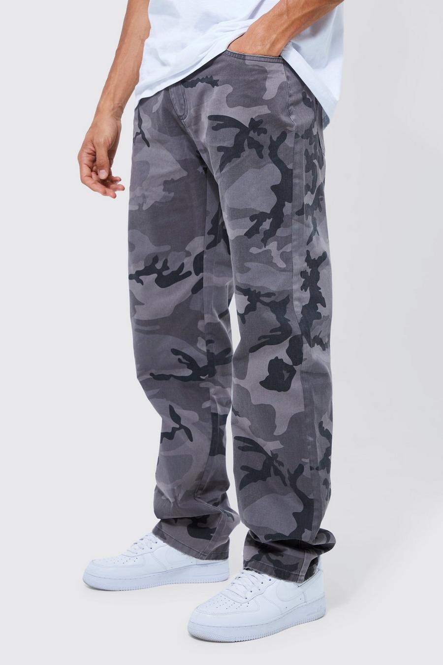 Charcoal grey Tall Fixed Waist Relaxed Washed Camo Trouser