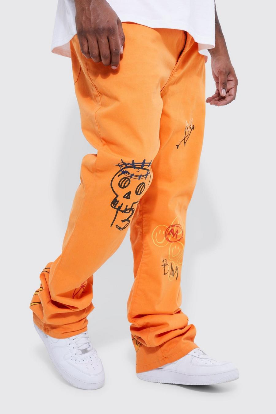 Pantaloni a zampa Plus Size fissi stile Graffiti con pieghe sul fondo e pieghe sul fondo, Orange naranja image number 1