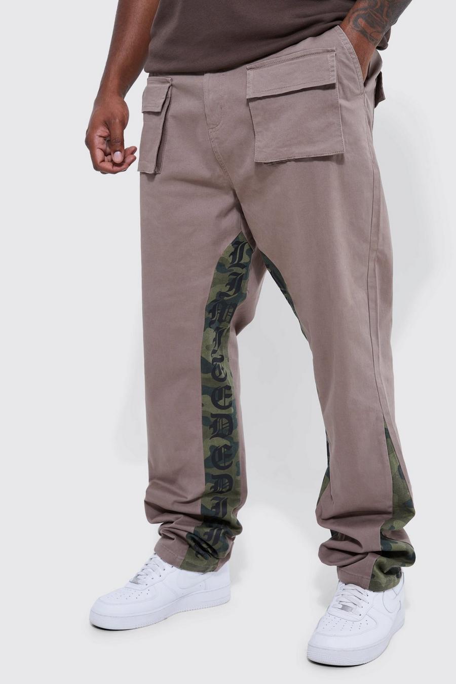 Pantaloni Cargo Plus Size fissi Skinny Fit in fantasia militare con inserti, Chocolate marrón