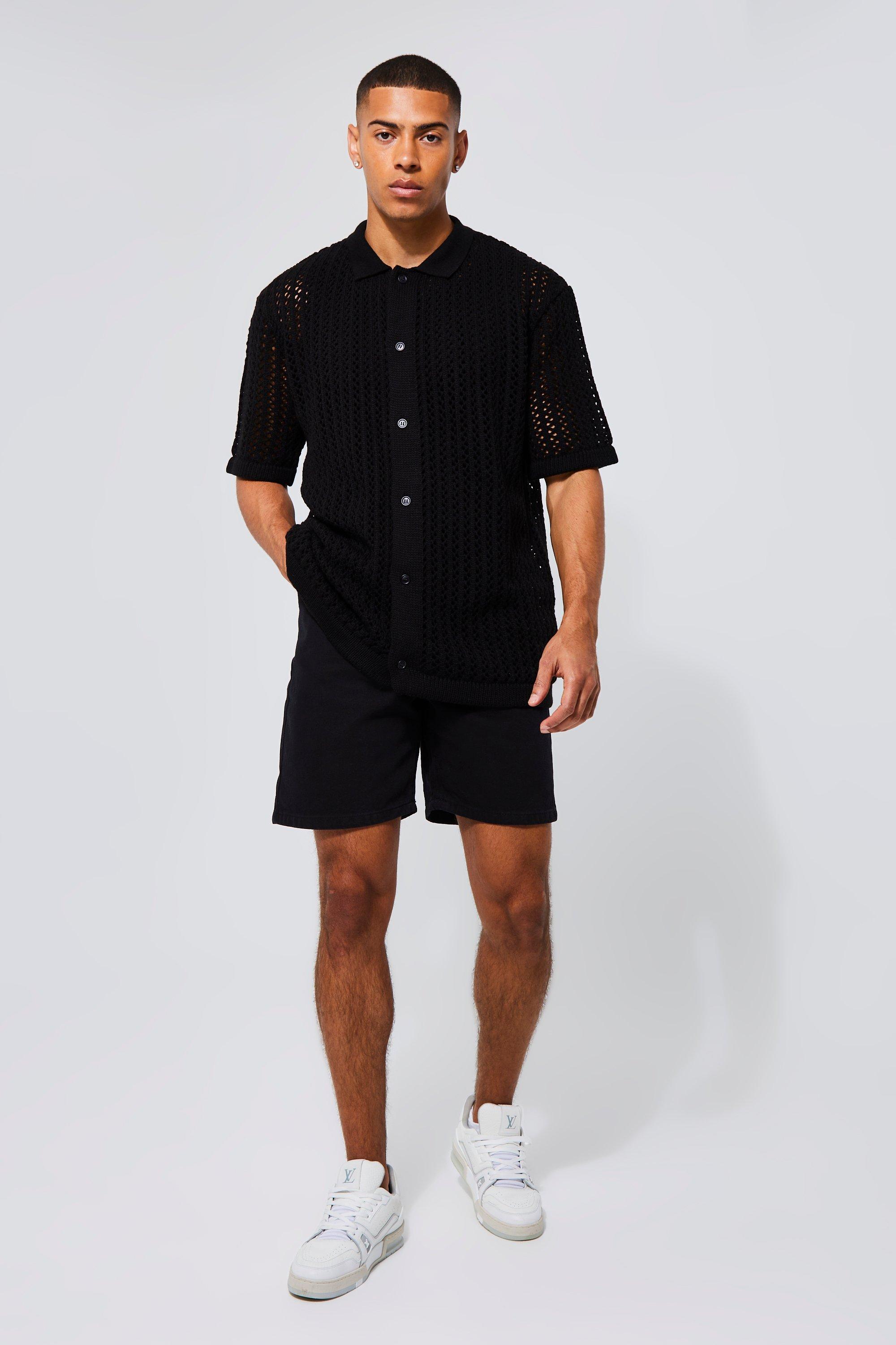 Men s Open Stitch Short Sleeve Knitted Shirt Boohoo UK