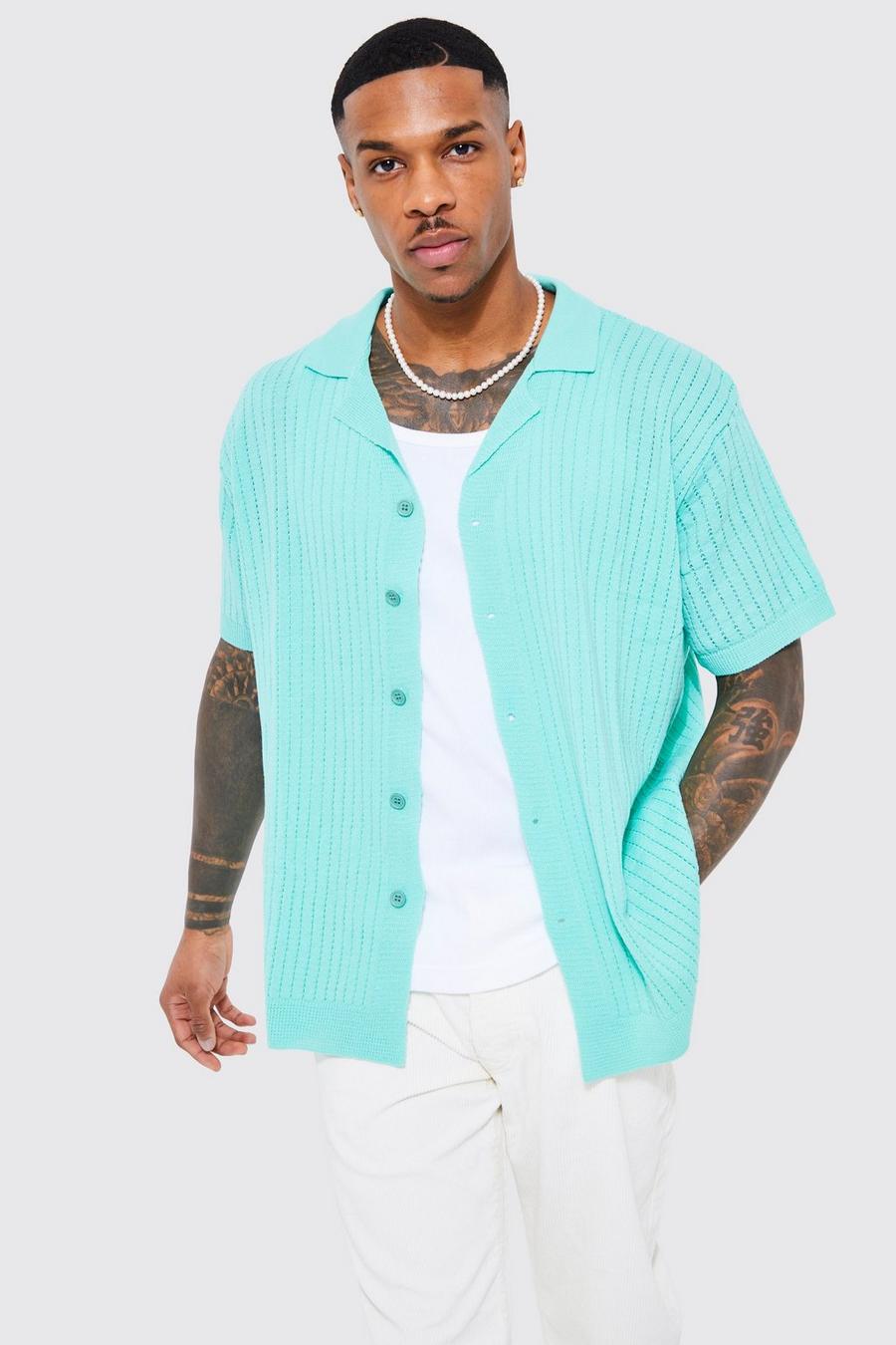 Aqua blue Textured Short Sleeve Knitted Shirt