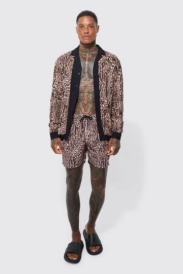 Dropped Revere Viscose Animal Border Shirt And Swim brown