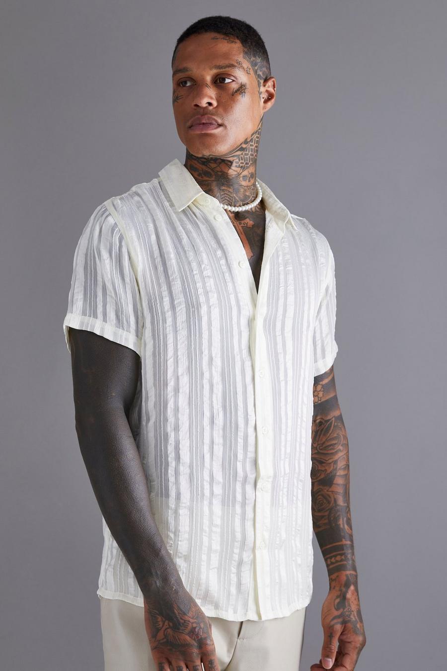 Camicia semi-trasparente a maniche corte a righe, Ecru blanco image number 1