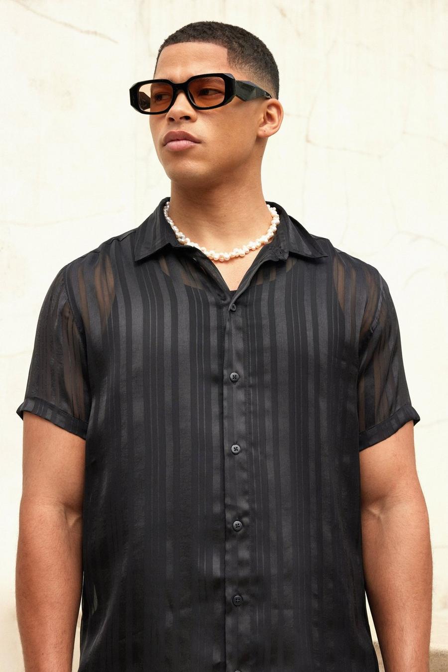 Camicia semi-trasparente a maniche corte a righe, Black negro image number 1