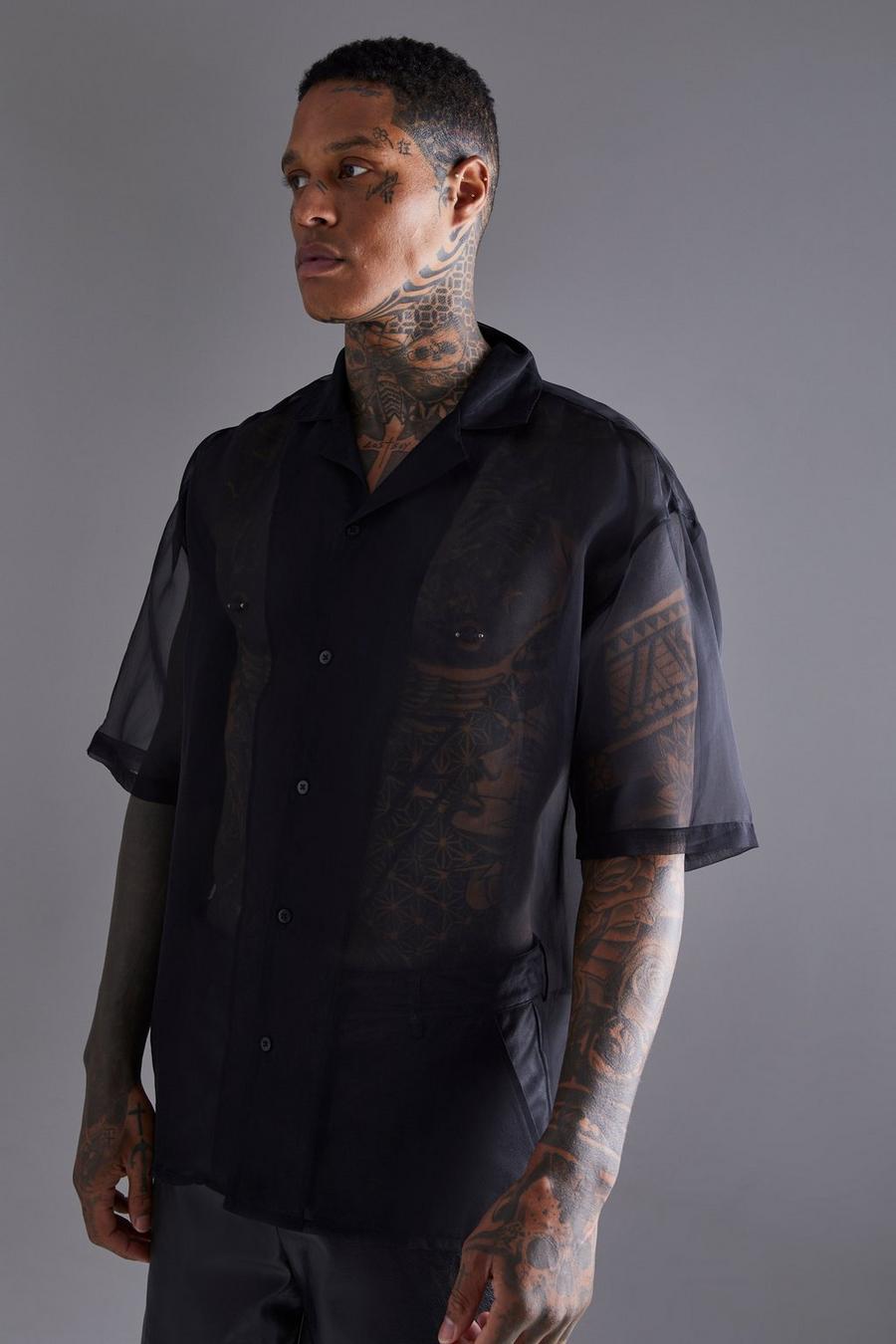 Camicia squadrata oversize a maniche corte, Black nero image number 1