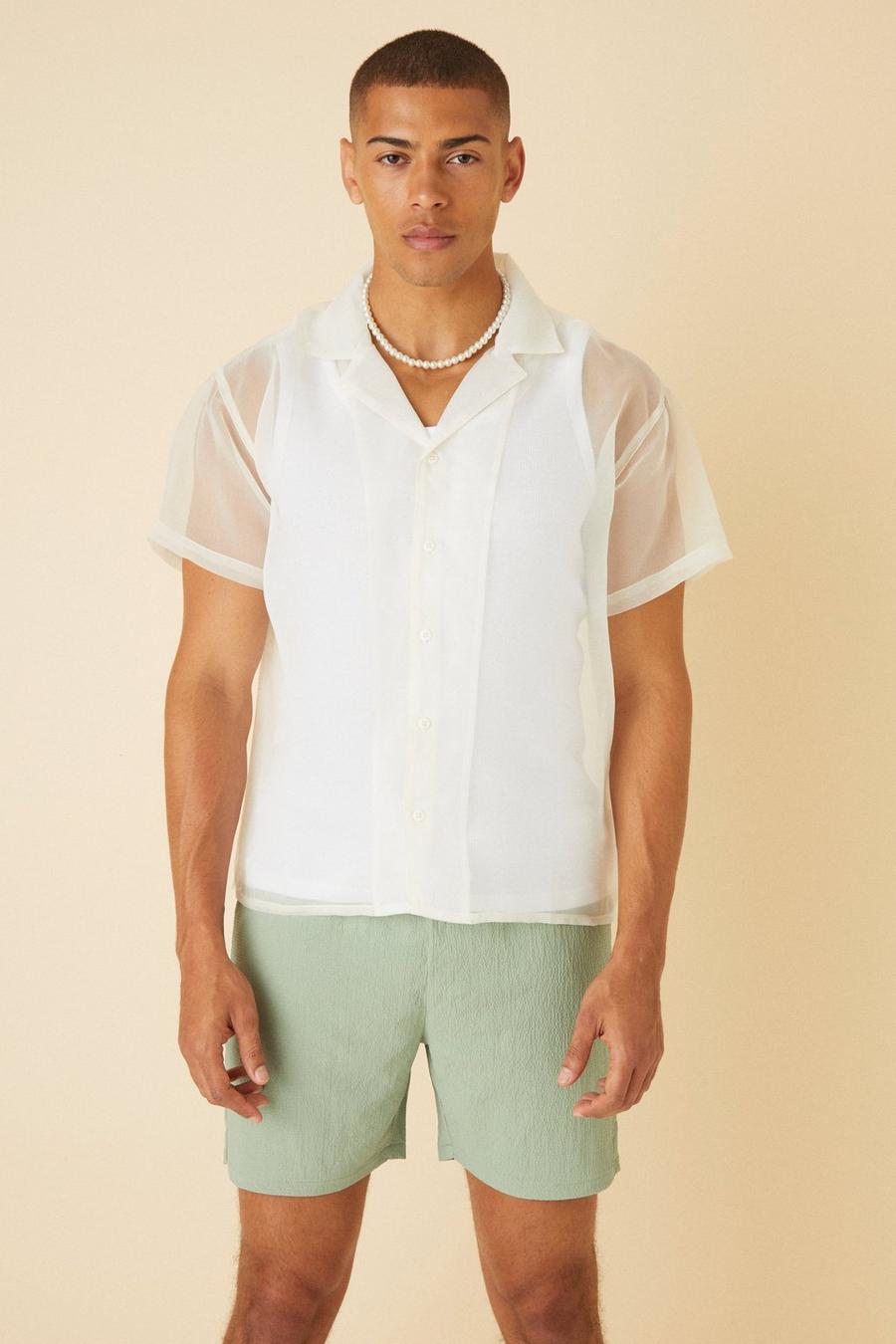 Ecru white Short Sleeve Organza Boxy Shirt image number 1