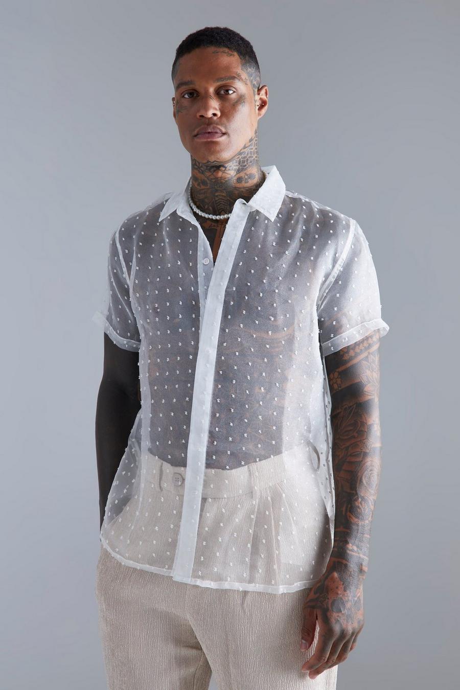 Short Sleeve Sheer Organza Dobby Shirt, Ecru bianco
