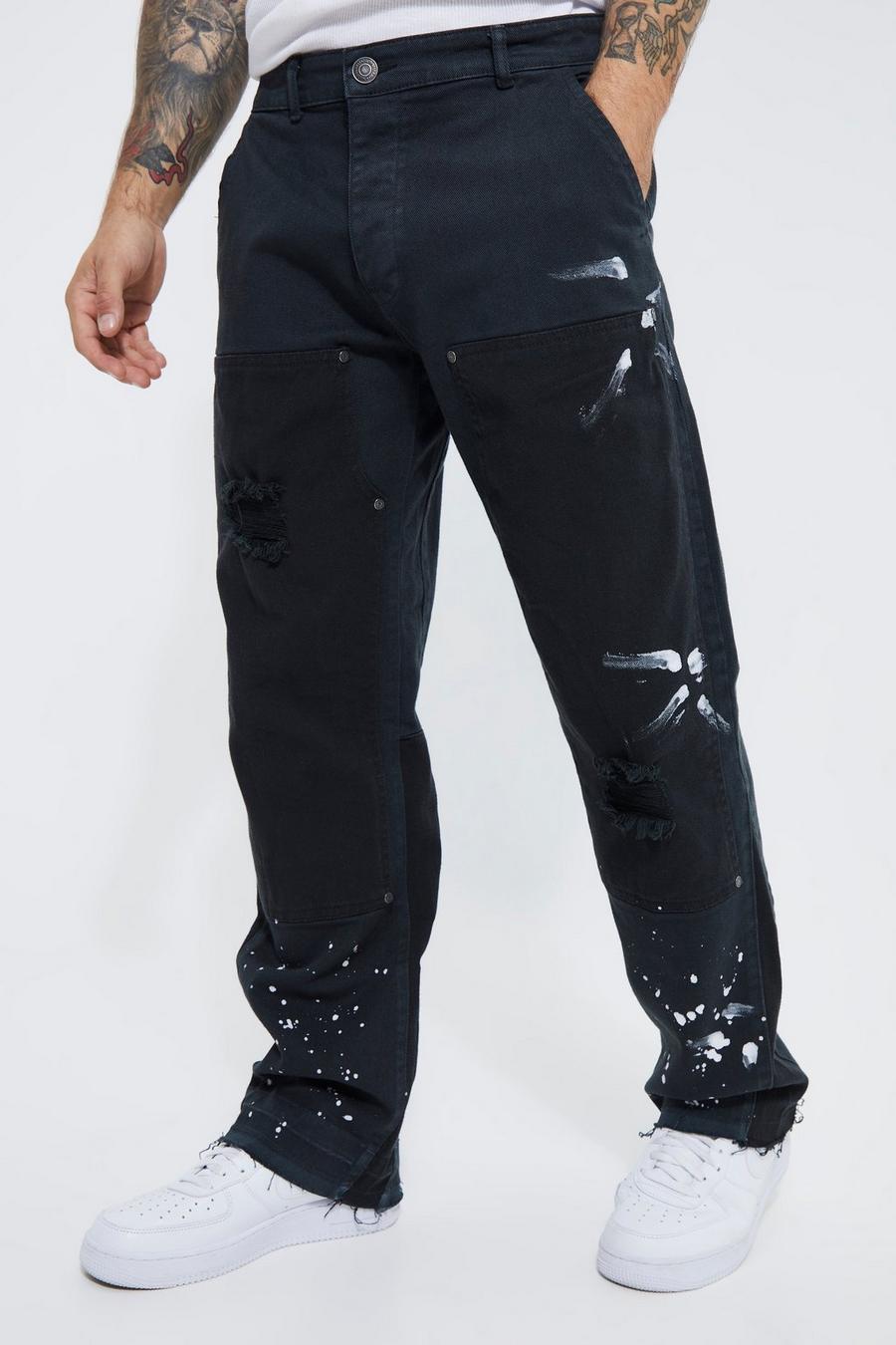 Fixed Waist Carpenter Trouser With Paint Splat, Charcoal gris