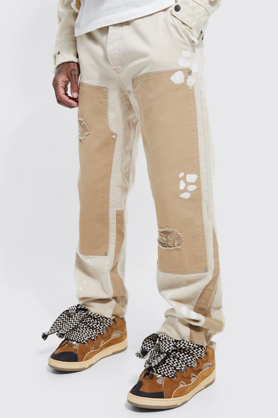 Fixed Waist Carpenter Trouser With Paint Splat, Stone beige image number 1